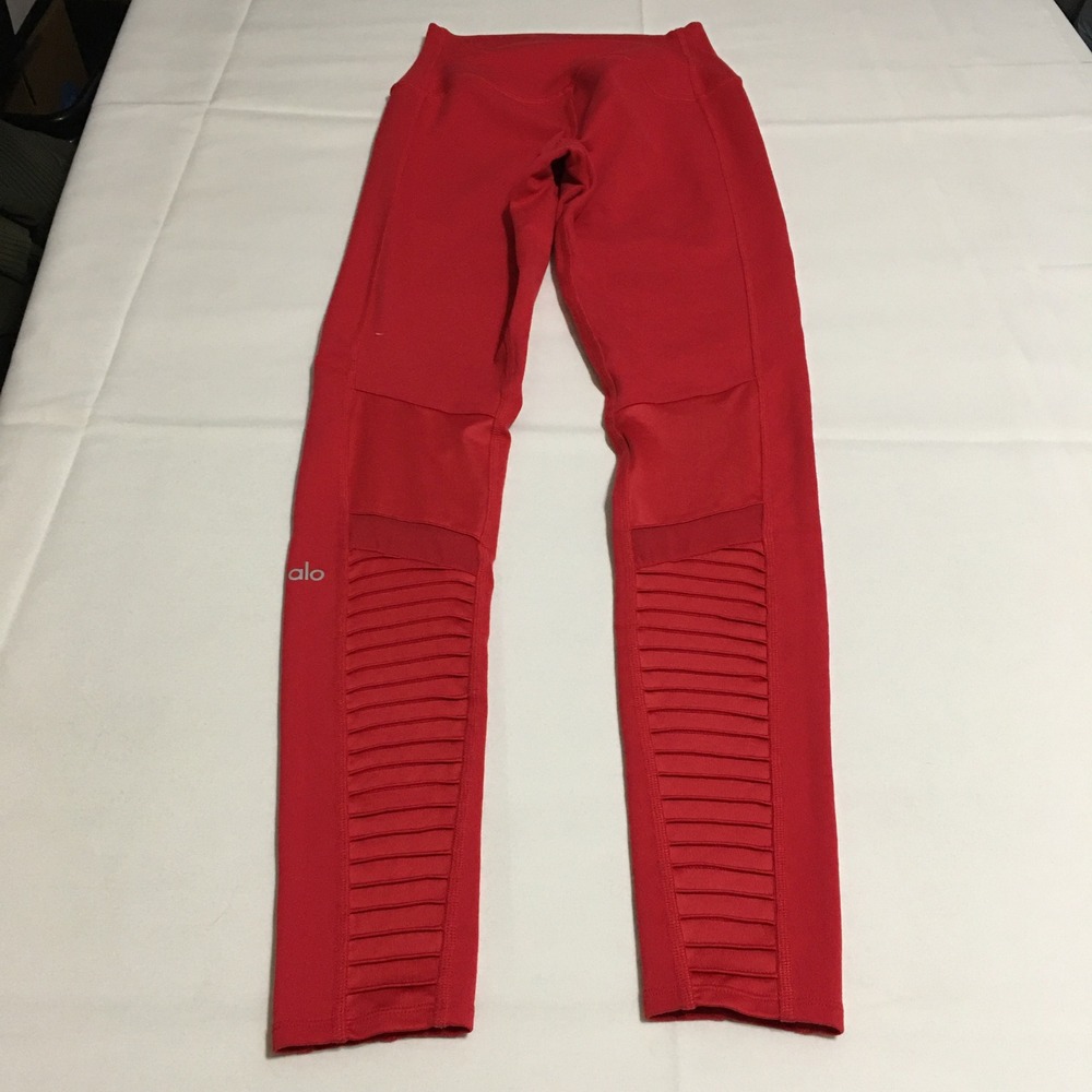 Alo Yoga Moto Leggings Women XS Red High Waist Ribbed